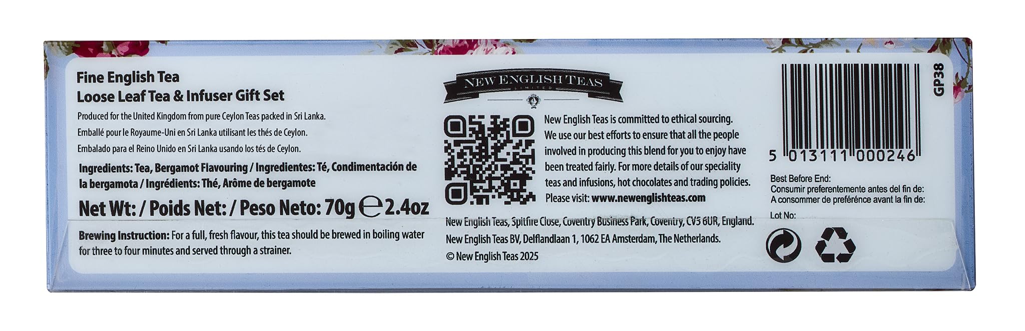 New English Teas gift box staged on table to show gifting readiness and decorative charm