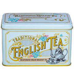 New English Teas 40 decaffeinated teabags neatly arranged inside the tin for freshness