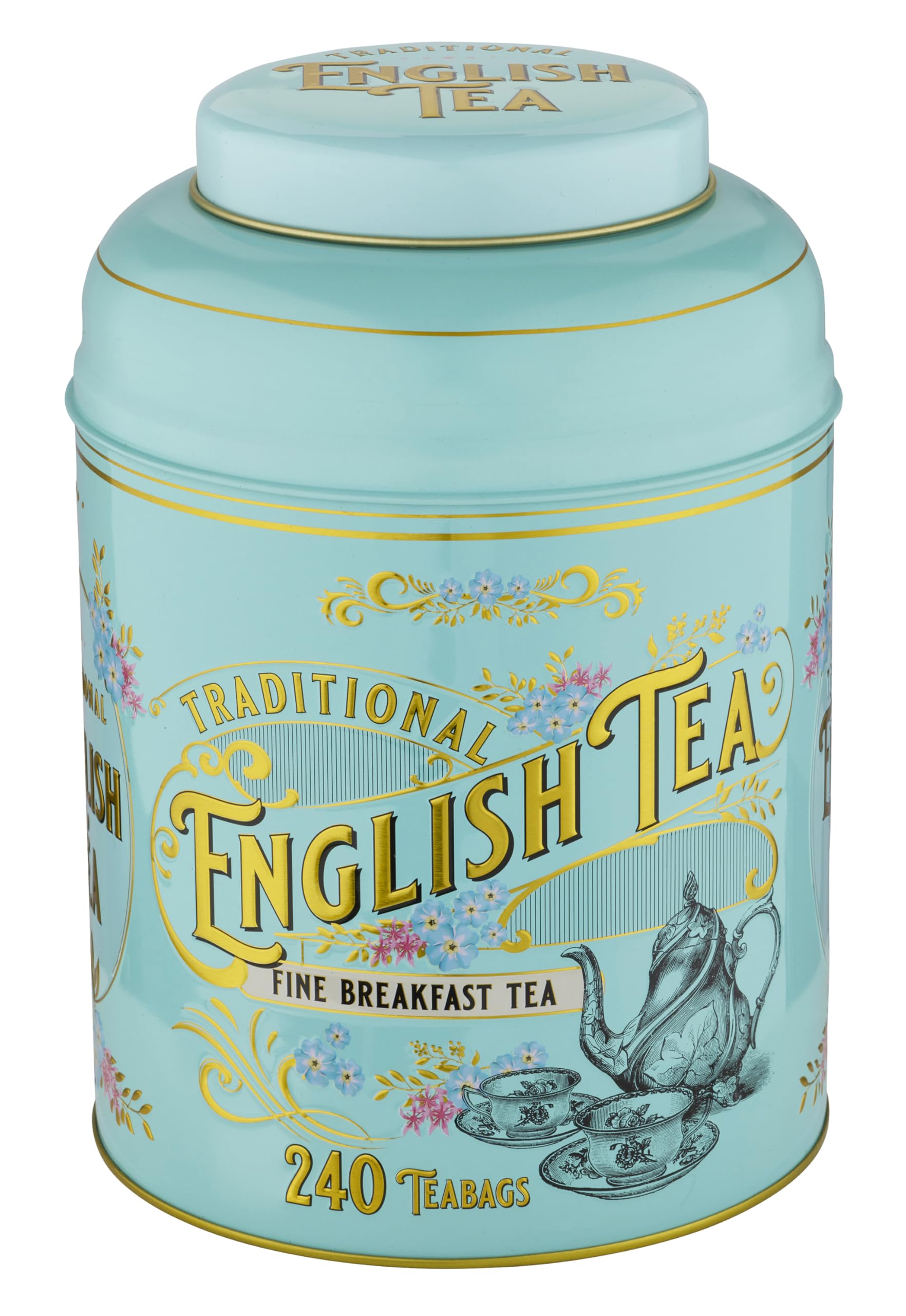New English Teas open tin with 240 teabags visible for convenience benefit