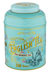New English Teas open tin with 240 teabags visible for convenience benefit