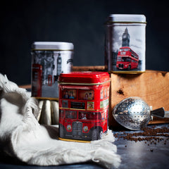 New English Teas tin close-up label featuring London artwork and clear product details