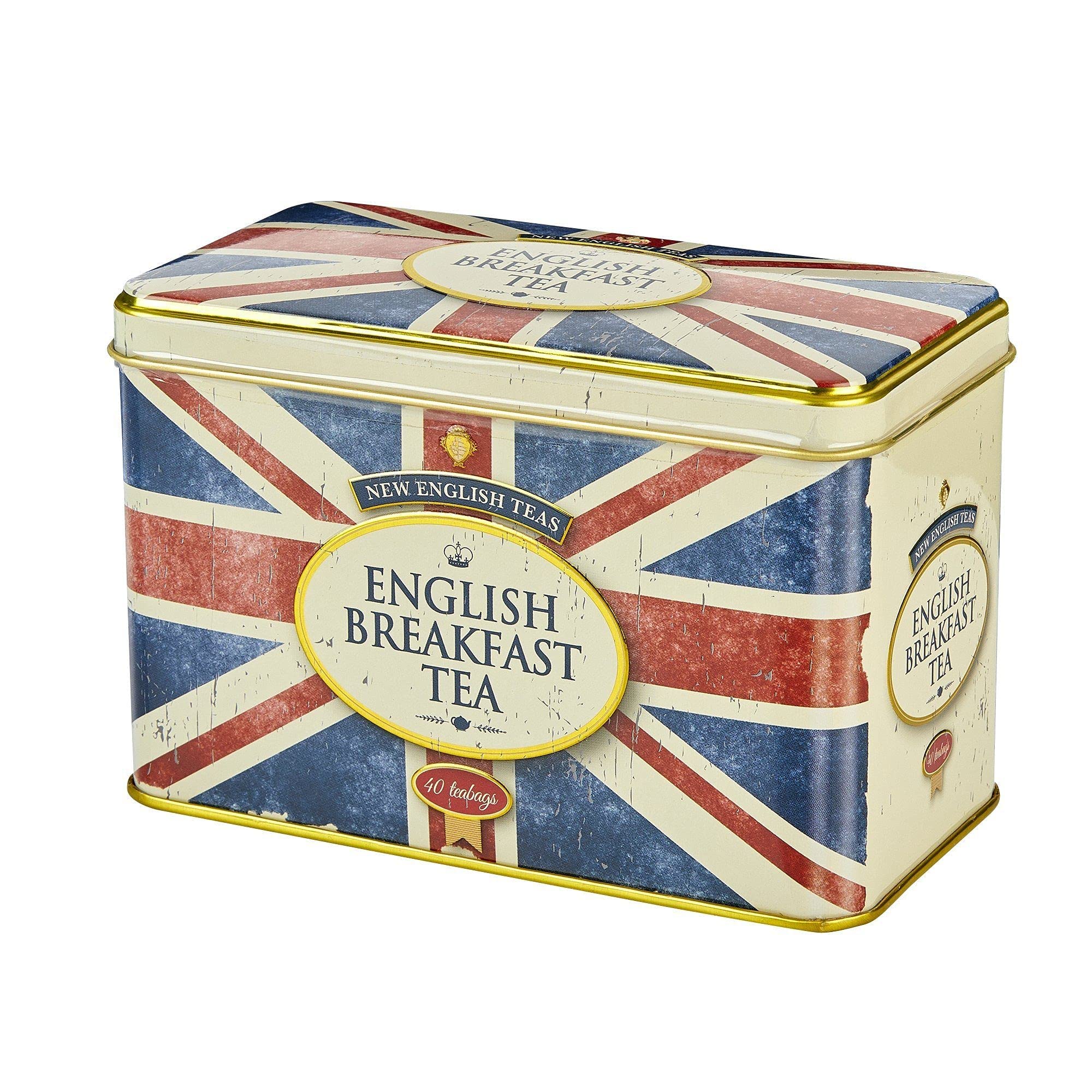 New English Teas tin beside common items to show compact size