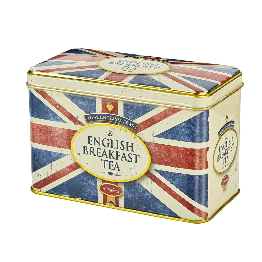 New English Teas tin beside common items to show compact size