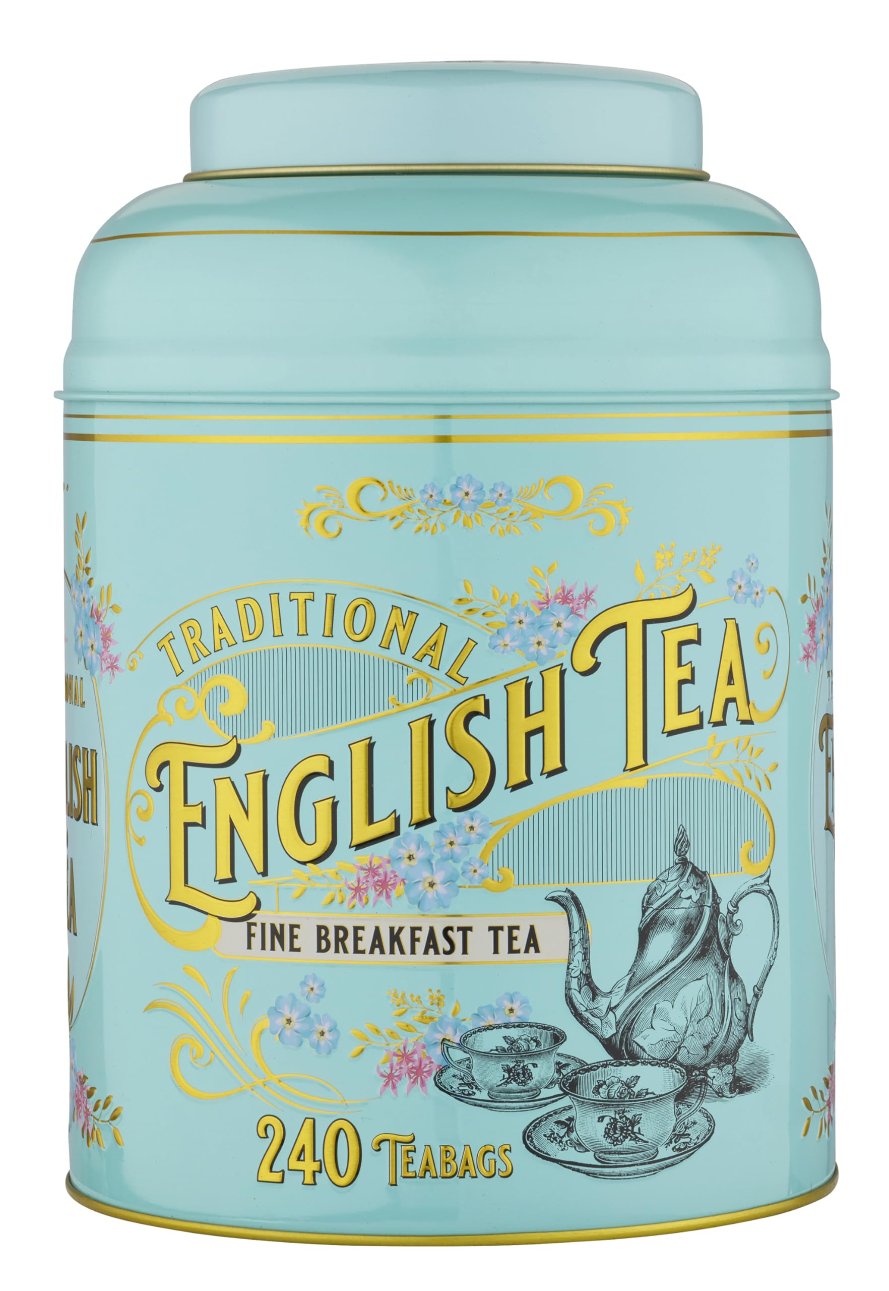 New English Teas front view of Victorian tea tin showing design and size benefit