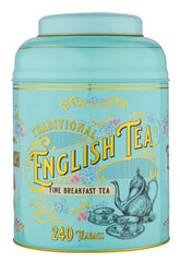 New English Teas front view of Victorian tea tin showing design and size benefit