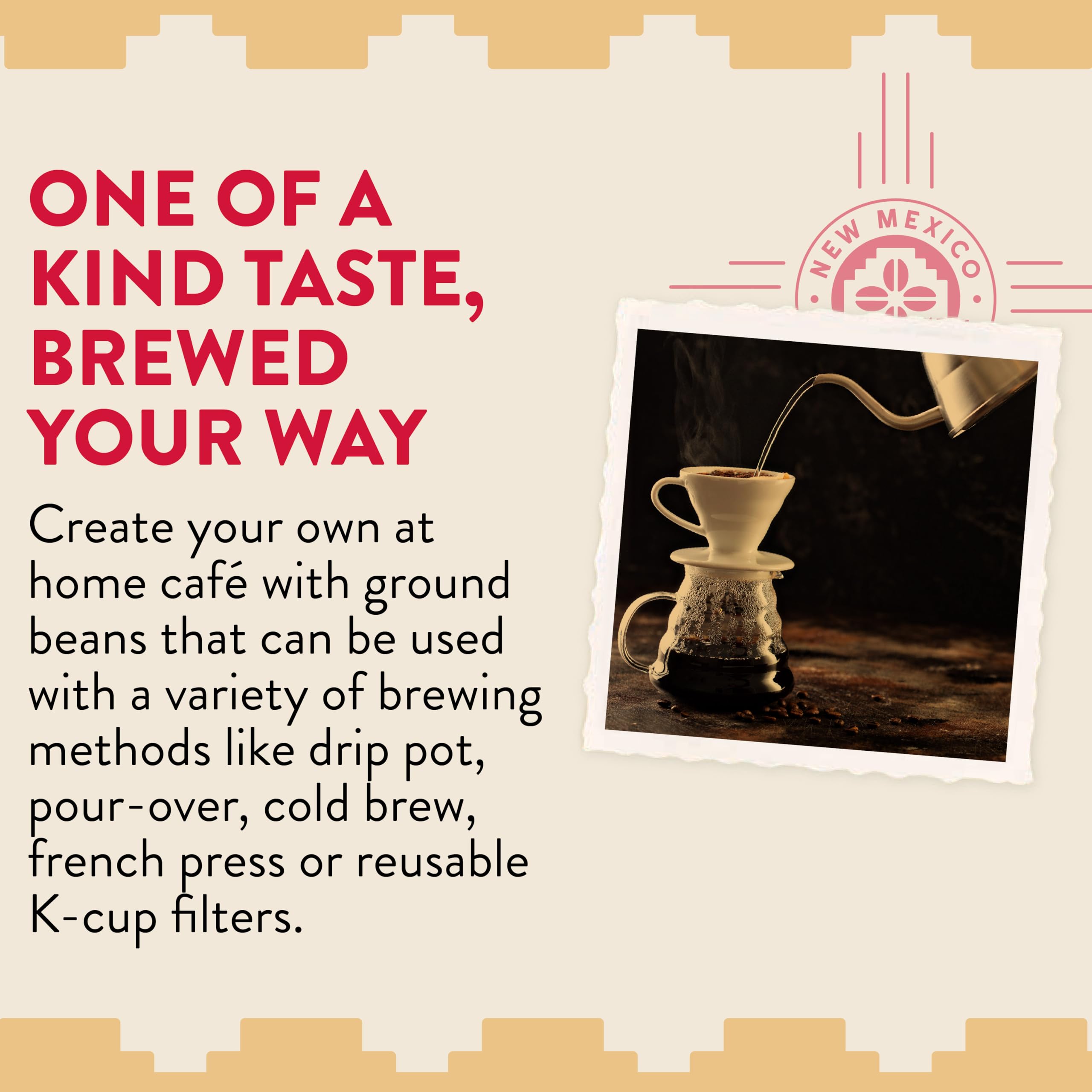 Closeup of New Mexico Piñon Coffee label highlighting roast and natural piñon flavor for trust