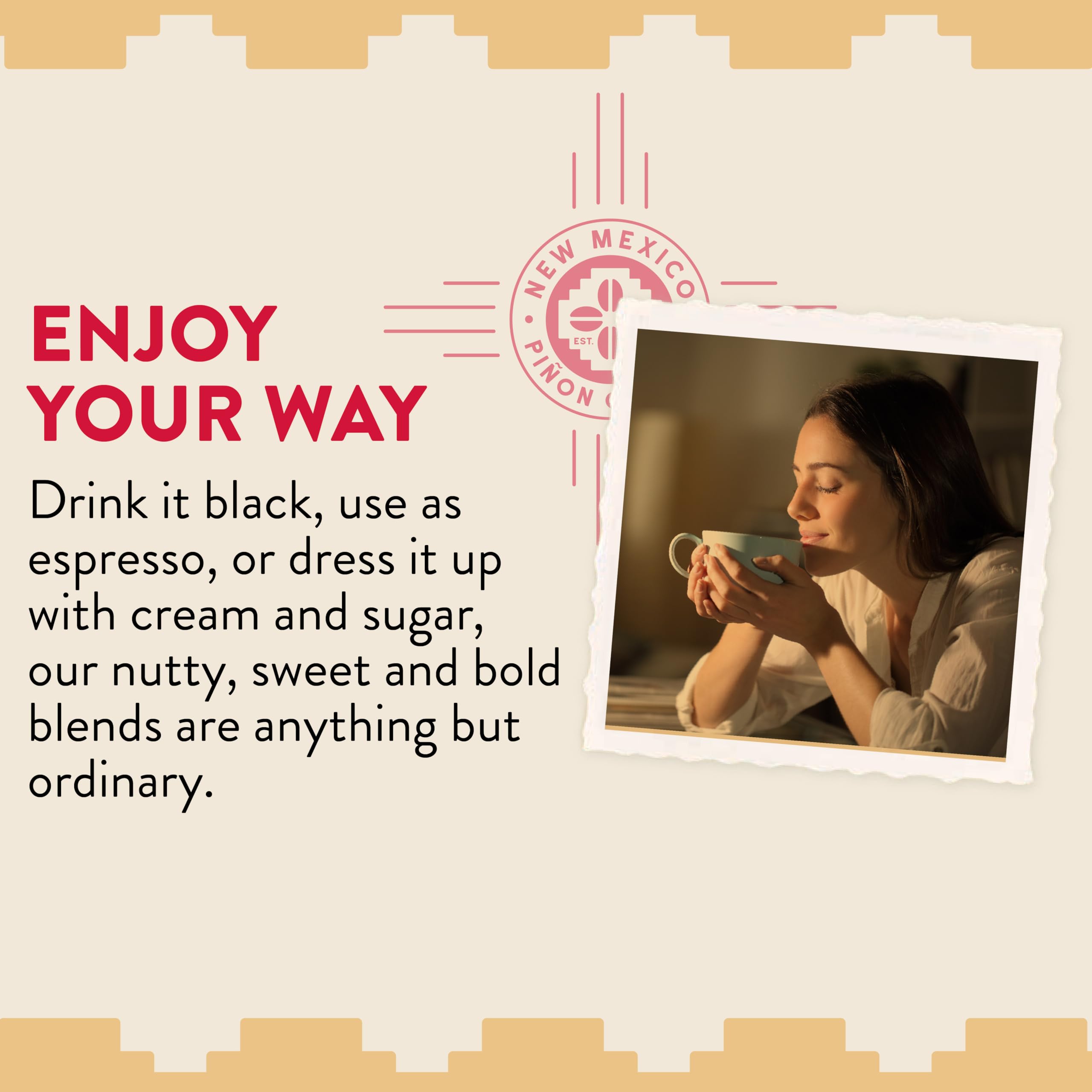 Freshly brewed cup of New Mexico Piñon Coffee producing dark, smoky aroma for satisfying sip