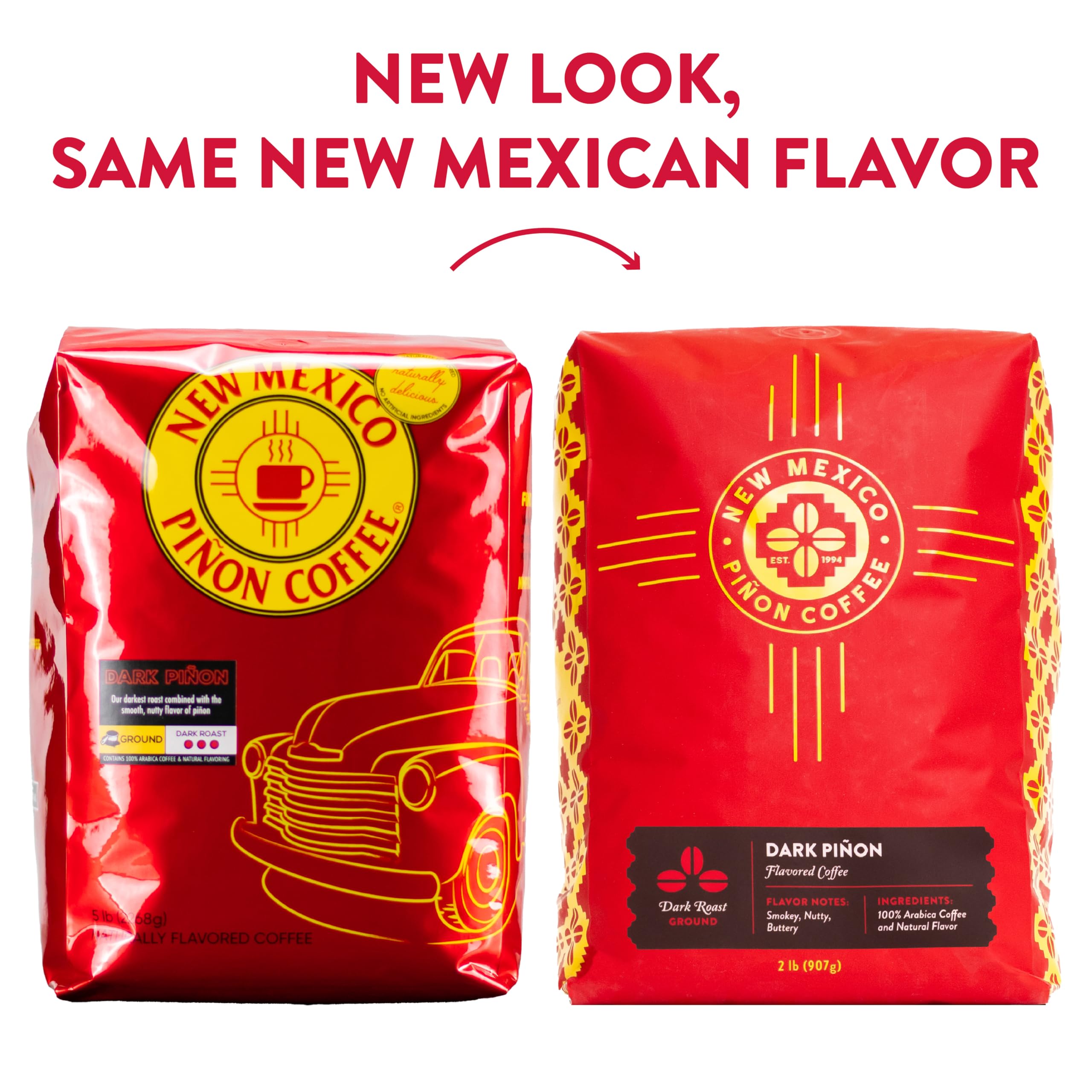 Two-pound New Mexico Piñon Coffee bag beside a coffee mug for scale and household portioning