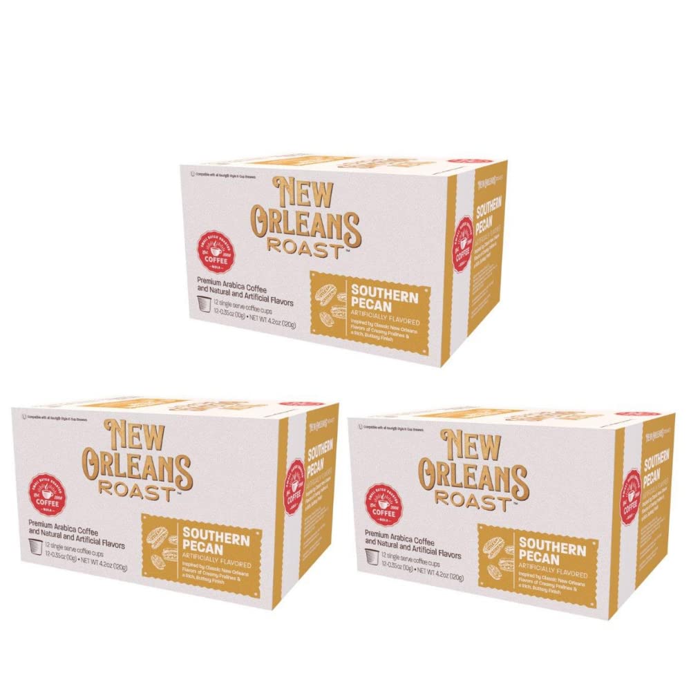 New Orleans Roast front packaging showing Southern Pecan pods and pack benefits