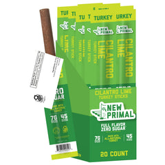The New Primal front box showing 20-count cilantro lime turkey sticks for easy storage