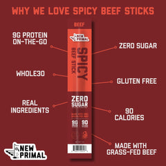 Close-up of New Primal spicy beef stick texture and spices, showcases real meat and visible seasonings