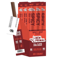 The New Primal front packaging showing 20-count spicy beef sticks, highlights convenience and quality