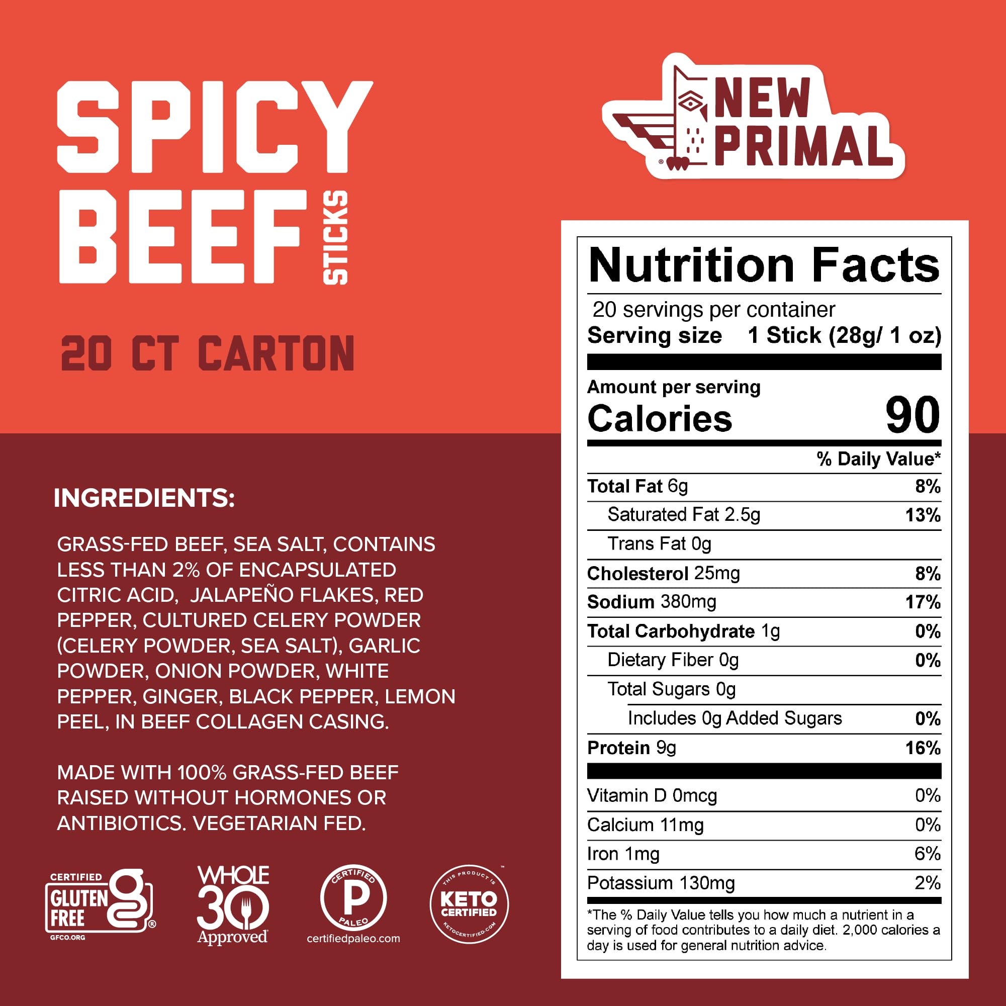 Single individually wrapped New Primal spicy beef stick held in hand, demonstrates portable high-protein snack