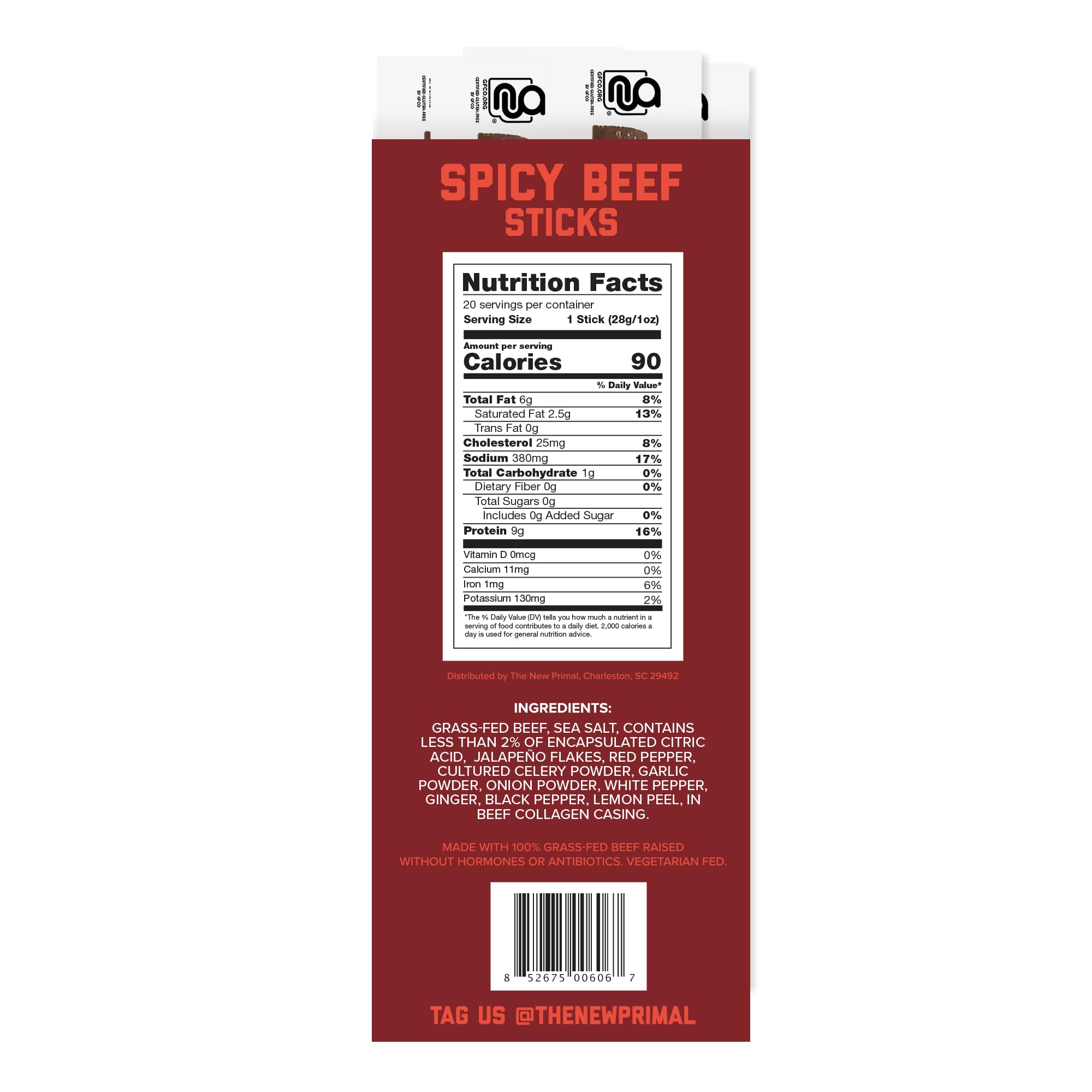 Ingredients spread: grass-fed beef, spices, pineapple juice and honey near New Primal packaging, emphasizes clean sourcing