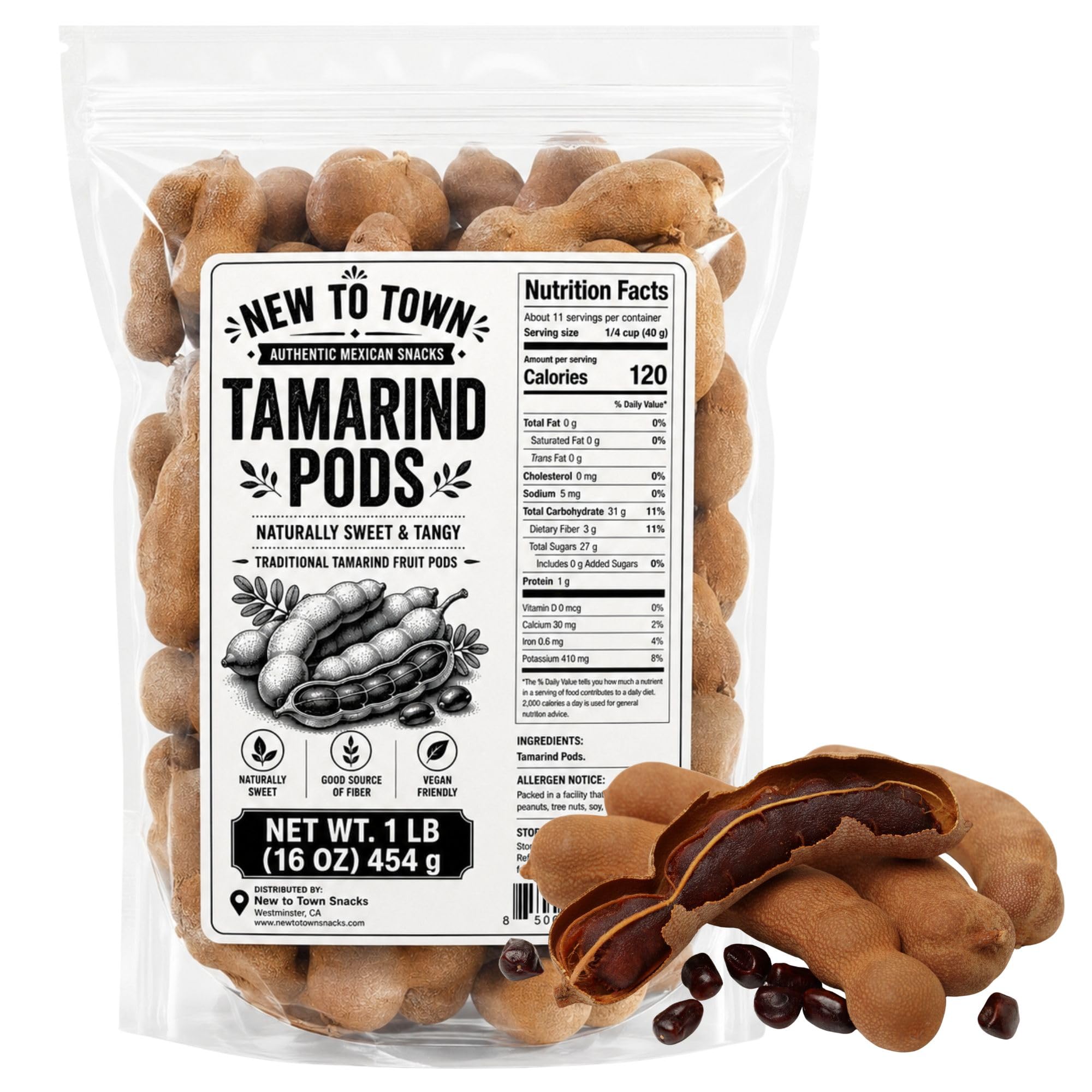 New To Town front package showing 1 lb resealable bag and natural tamarind pods for pantry convenience