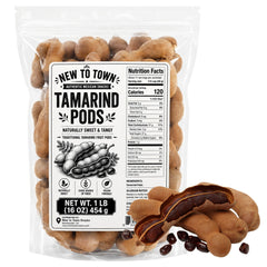 New To Town front package showing 1 lb resealable bag and natural tamarind pods for pantry convenience