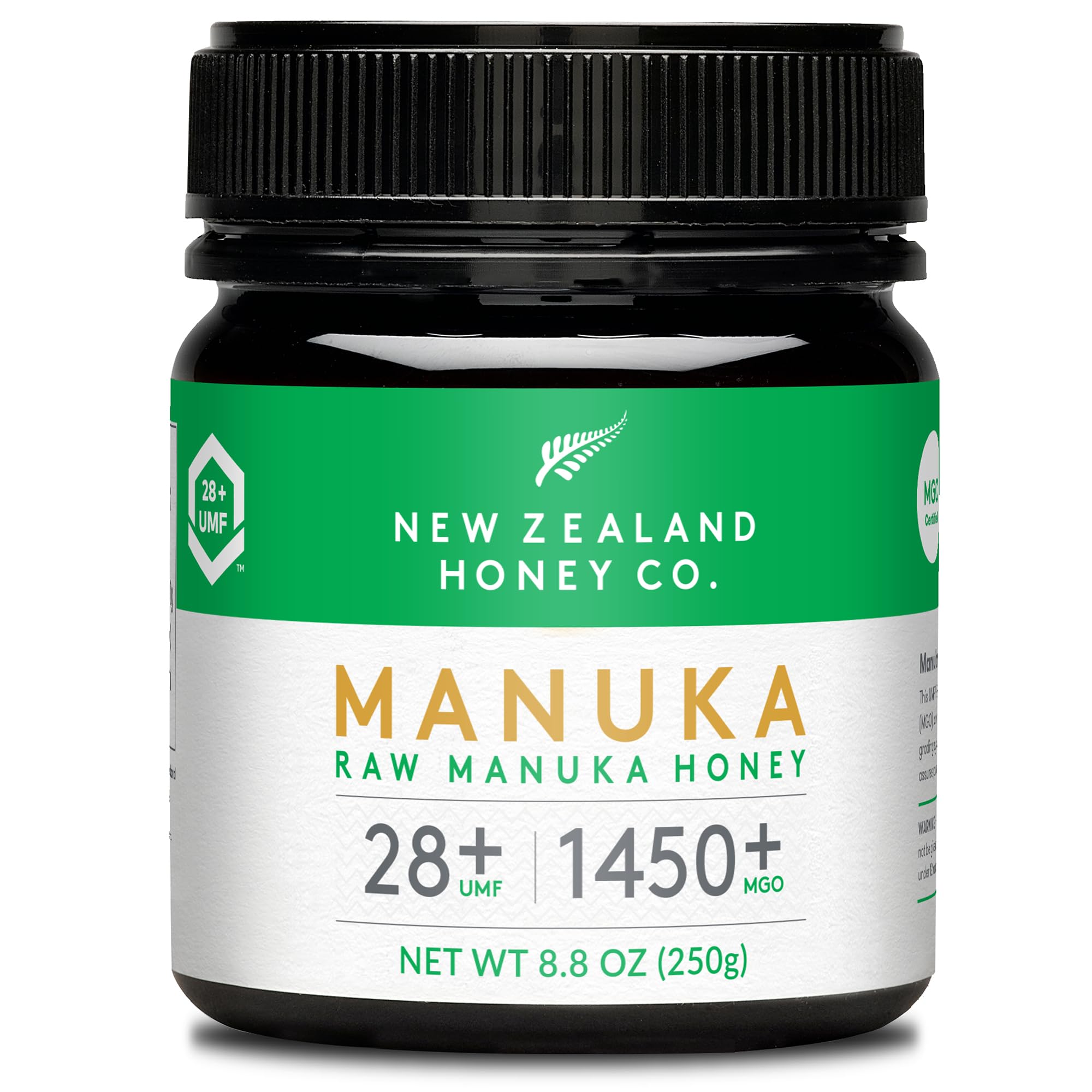NEW ZEALAND HONEY CO front jar showing UMF 28+ with authentic label, premium assurance