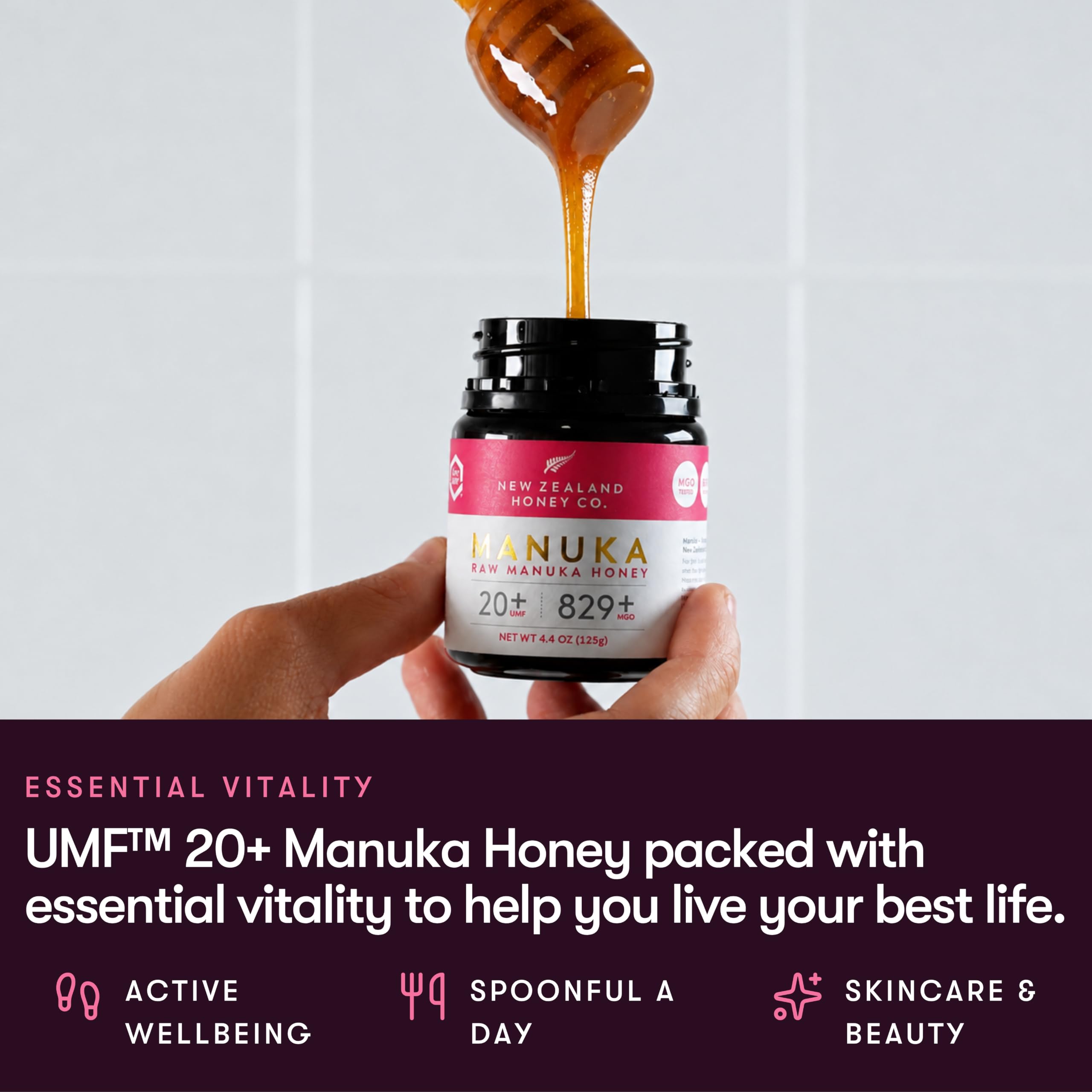 NEW ZEALAND HONEY CO jar beside teacup suggests adding UMF 20+ to warm drinks