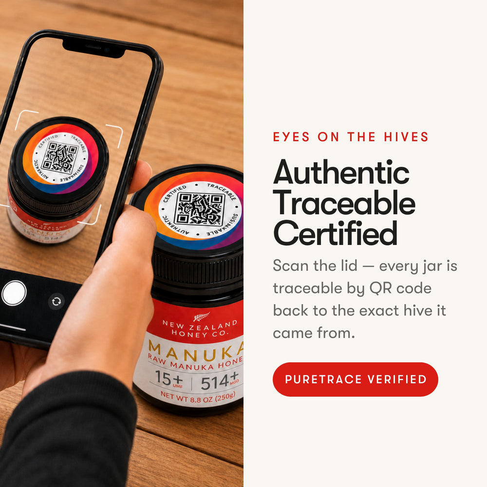 NEW ZEALAND HONEY CO label and UMF badge displaying verified potency and traceability