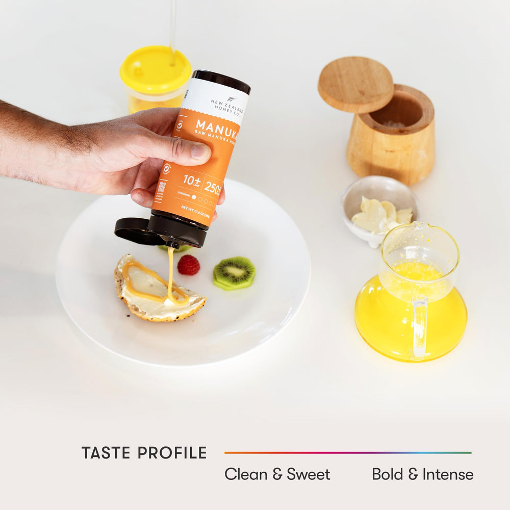 NEW ZEALAND HONEY CO drizzling Manuka honey on toast for tasty breakfast