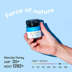 NEW ZEALAND HONEY CO label close-up showing UMF 26+ and MGO 1282+ details