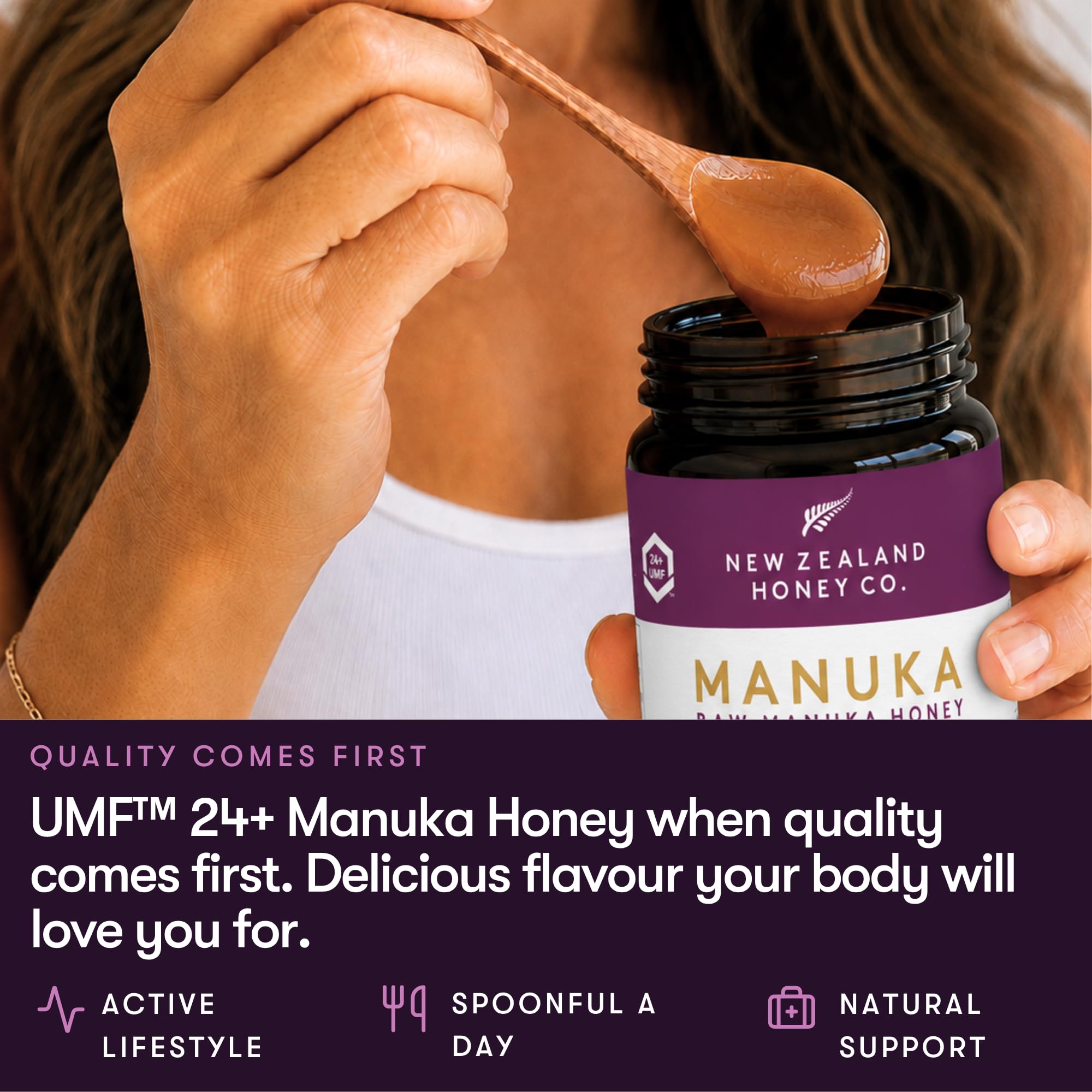NEW ZEALAND HONEY CO label and UMF seal showing certified authenticity benefit