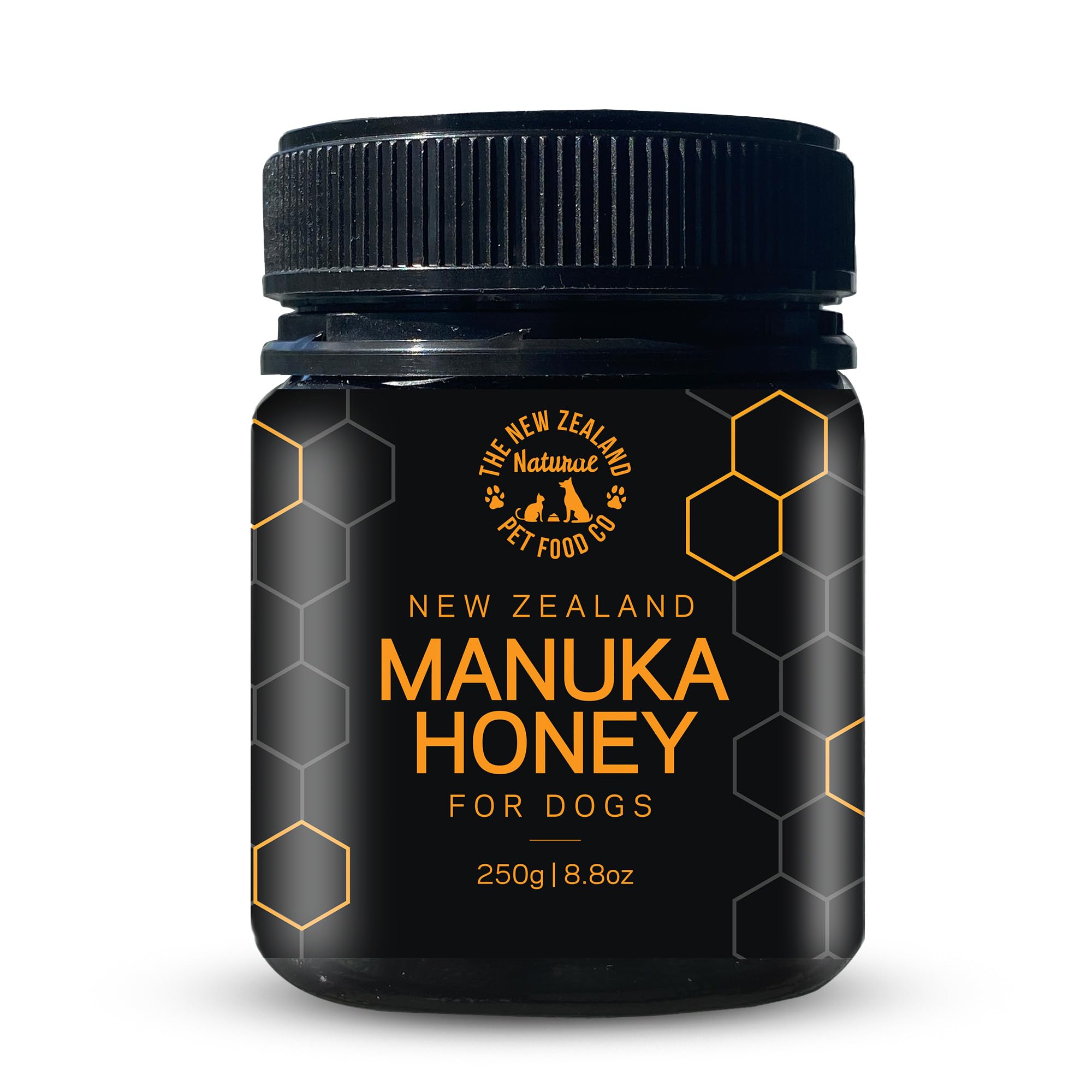 The New Zealand Natural Pet Food Co. front jar showing product label and size benefits