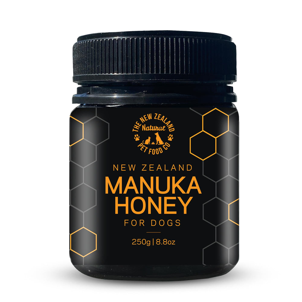 The New Zealand Natural Pet Food Co. front jar showing product label and size benefits