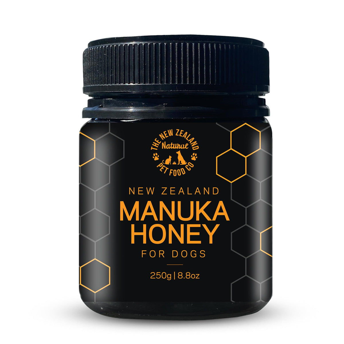 The New Zealand Natural Pet Food Co. front jar showing product label and size benefits