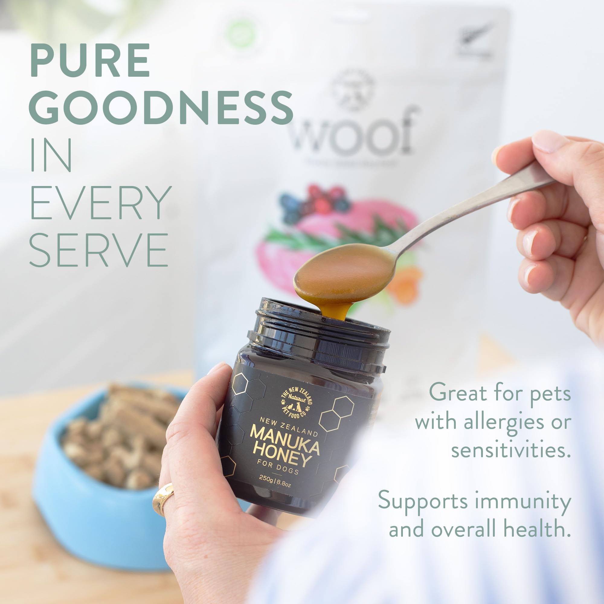 The New Zealand Natural Pet Food Co. jar side label highlighting single-ingredient benefit