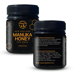 The New Zealand Natural Pet Food Co. open jar displaying raw honey texture and purity benefit