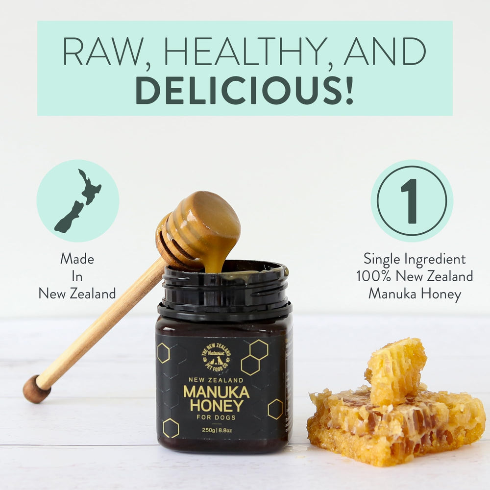 The New Zealand Natural Pet Food Co. jar beside scoop showing scale and easy serving benefit