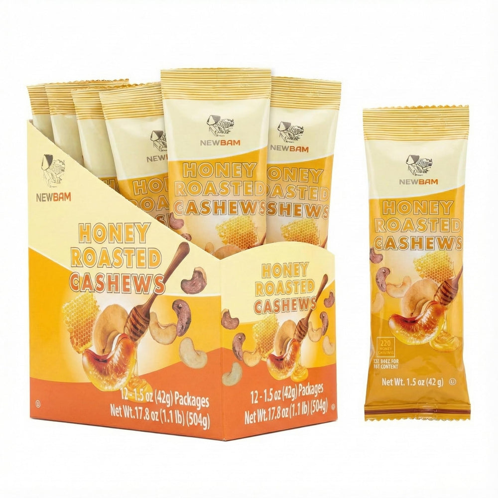 NEWBAM front packaging showing 12 sealed honey roasted cashew packs and benefit freshness