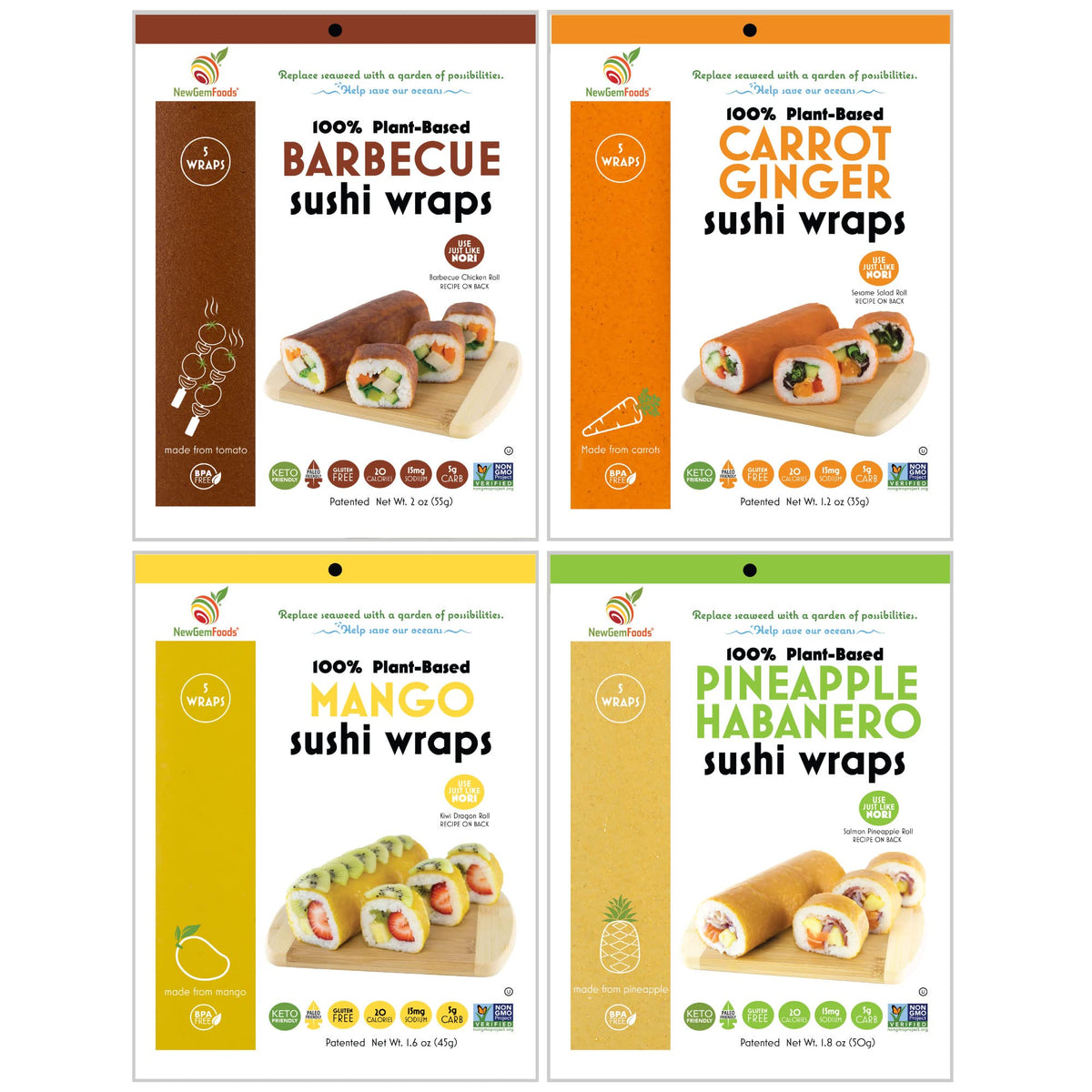 NewGem front pack shot showing all four wrap flavors and contents benefit convenience