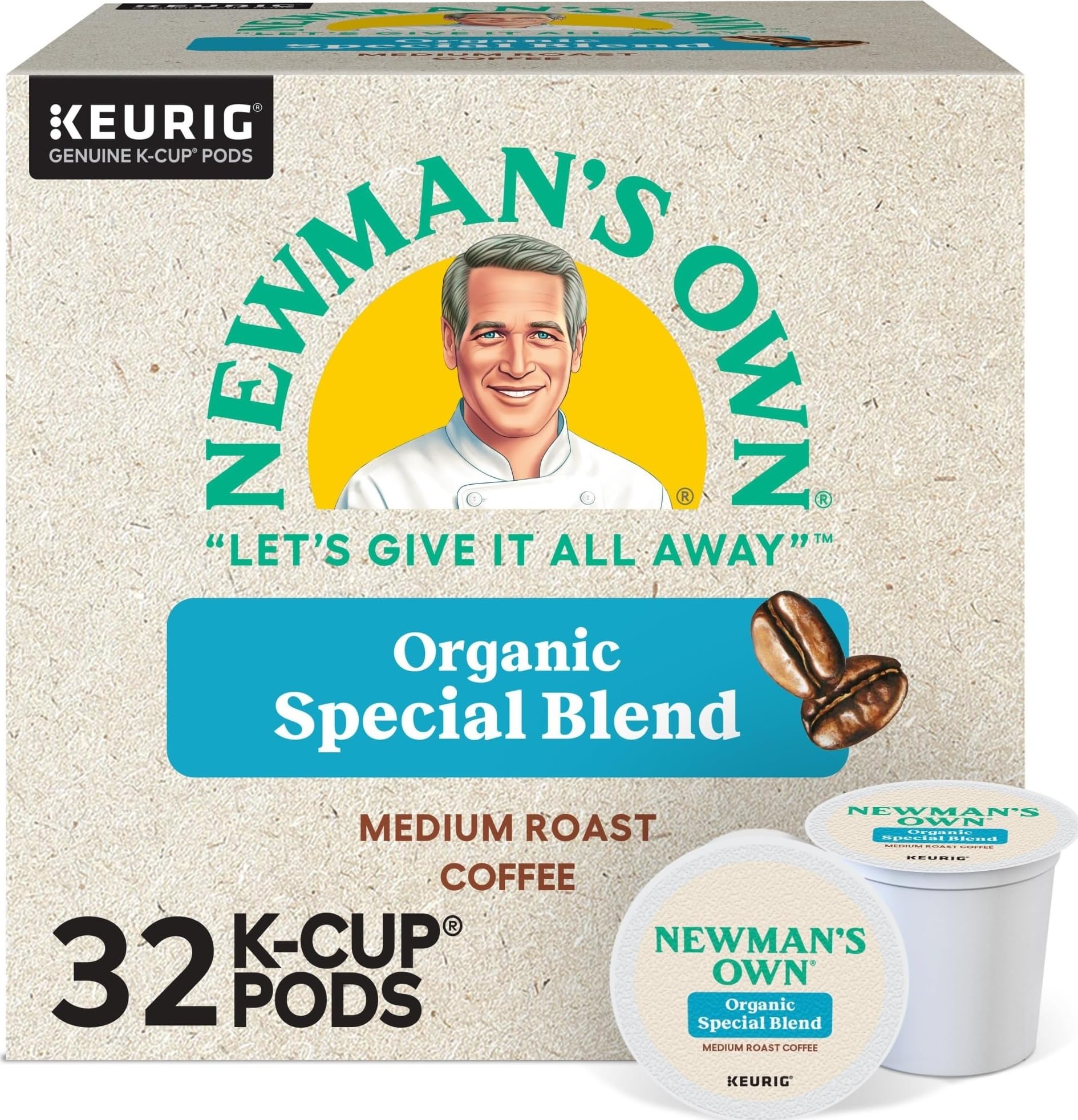 Newman's Own front packaging of 32-count Special Blend highlighting organic benefit