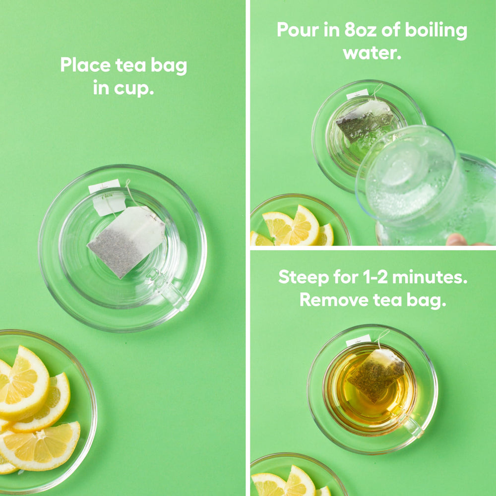 Newman's Own close-up of a single wrapped tea bag showing tag and easy steeping