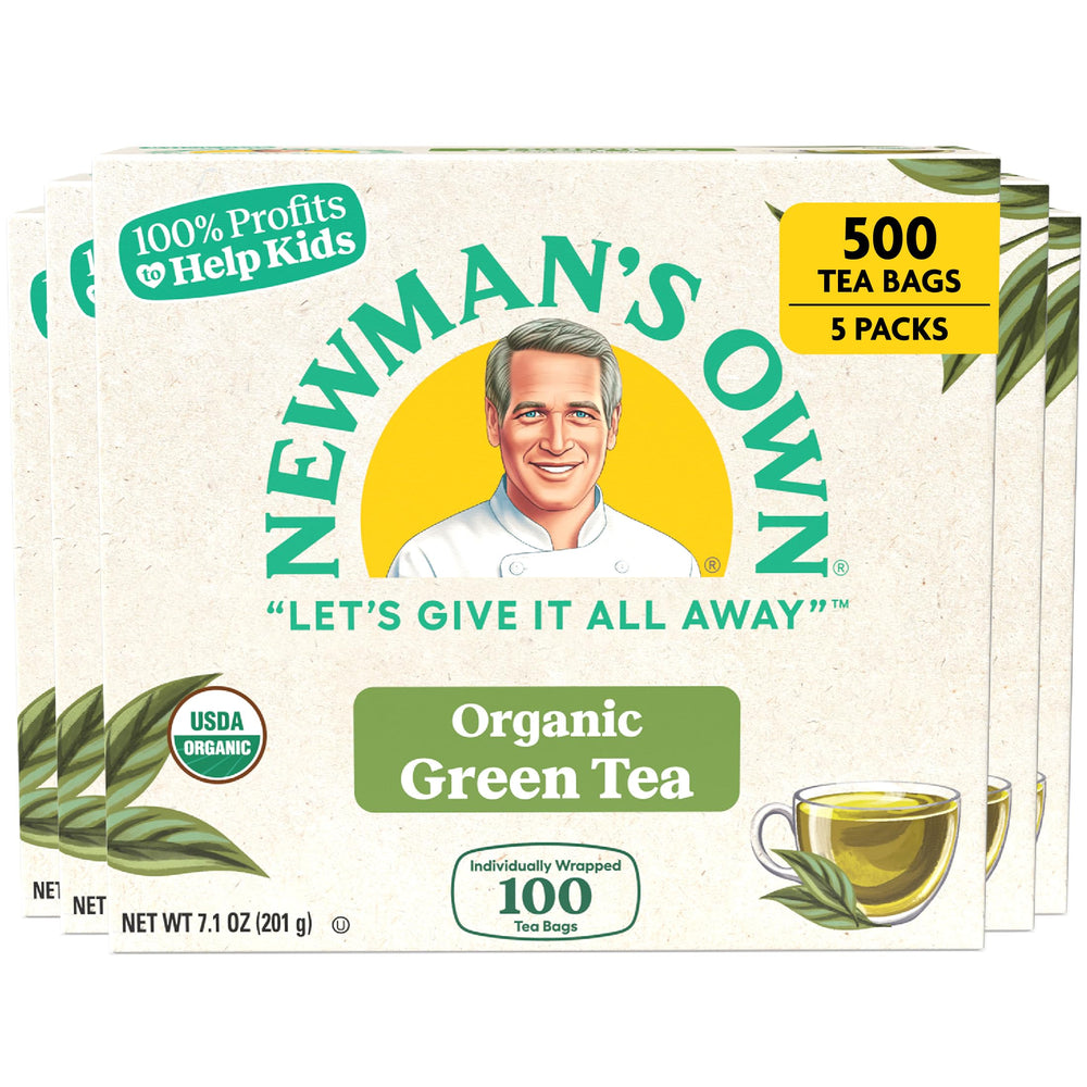 Newman's Own front packaging showing organic green tea and 100 bags, clearly labeled benefit