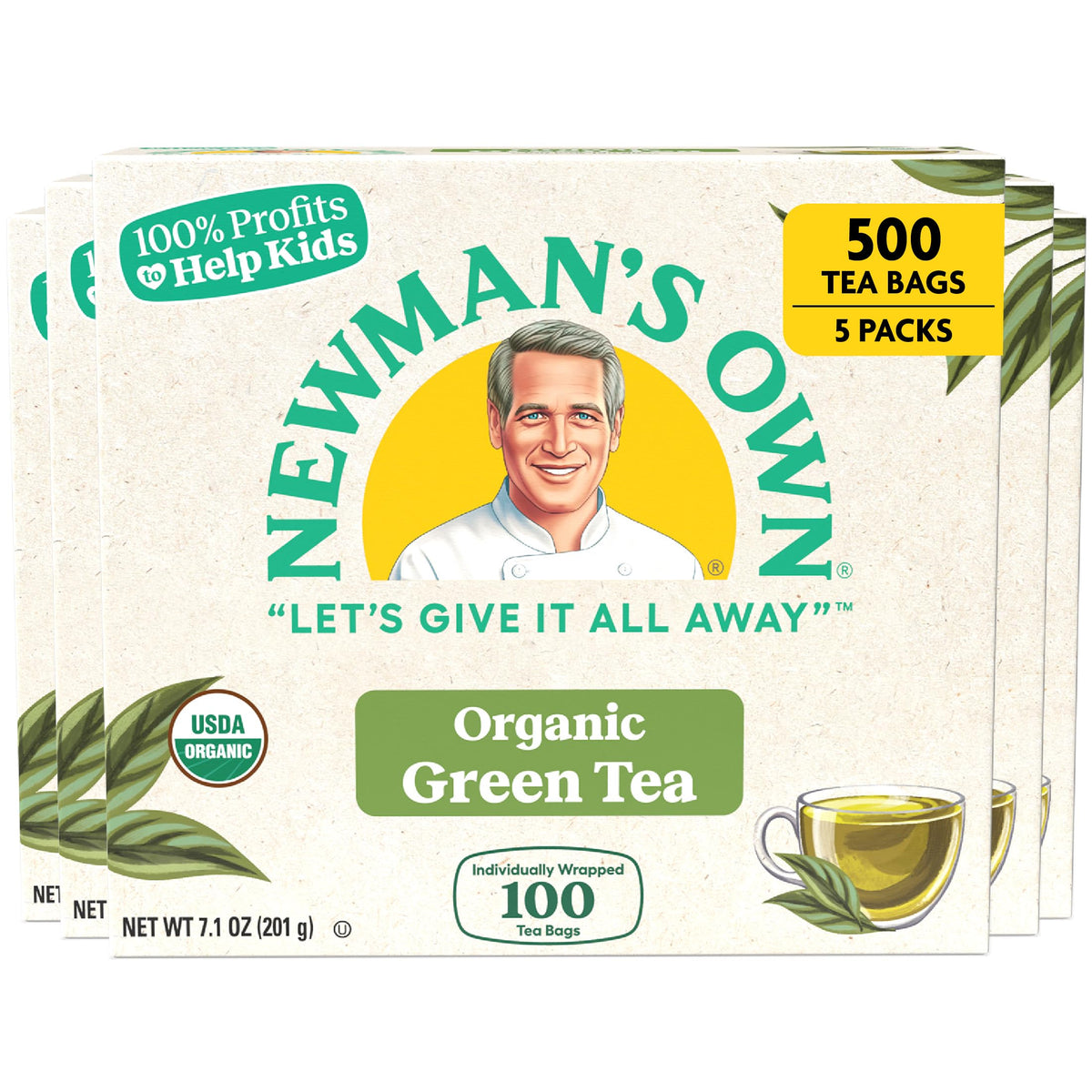Newman's Own front packaging showing organic green tea and 100 bags, clearly labeled benefit
