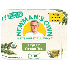 Newman's Own front packaging showing organic green tea and 100 bags, clearly labeled benefit