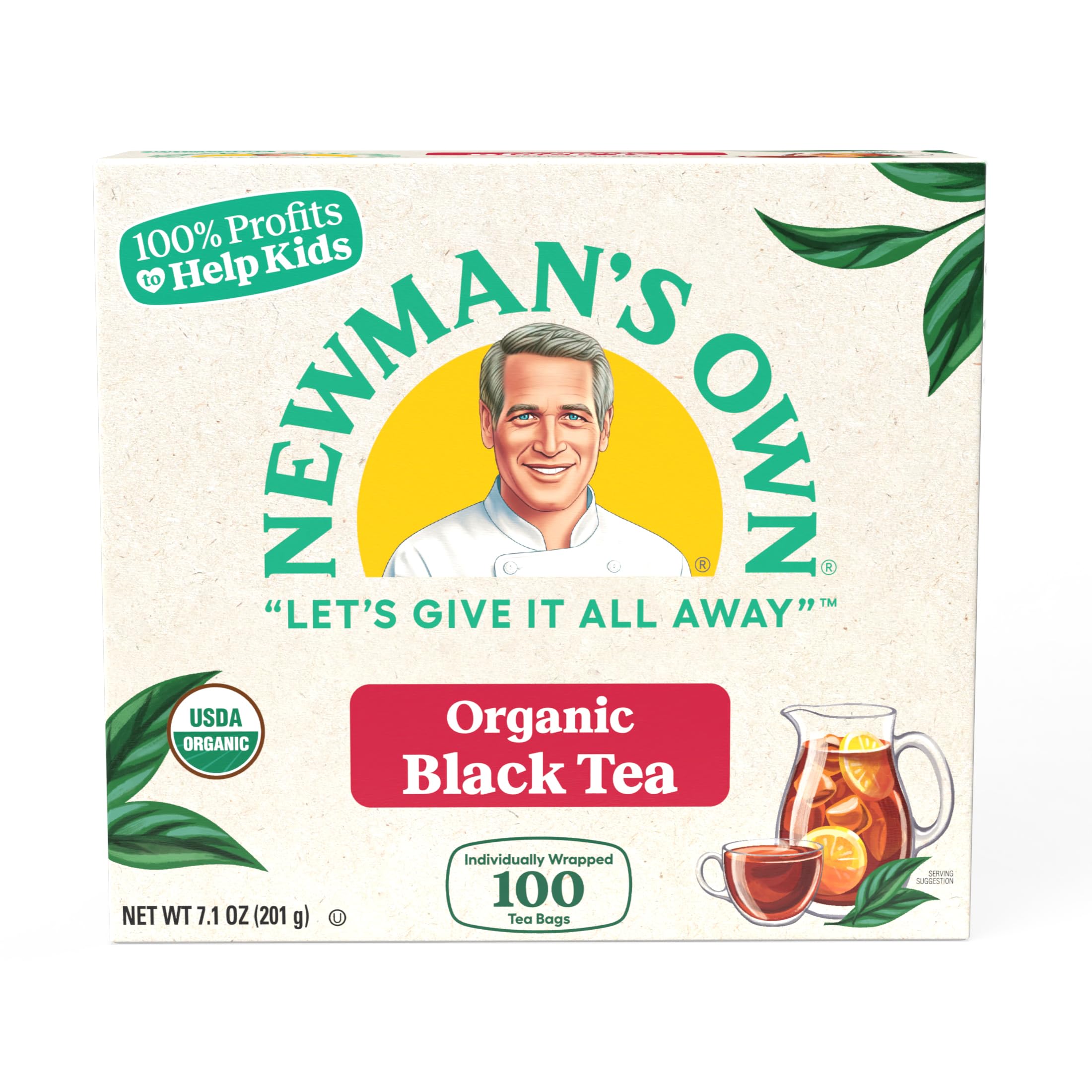 Newman's Own individually wrapped tea bag with tag, highlighting freshness