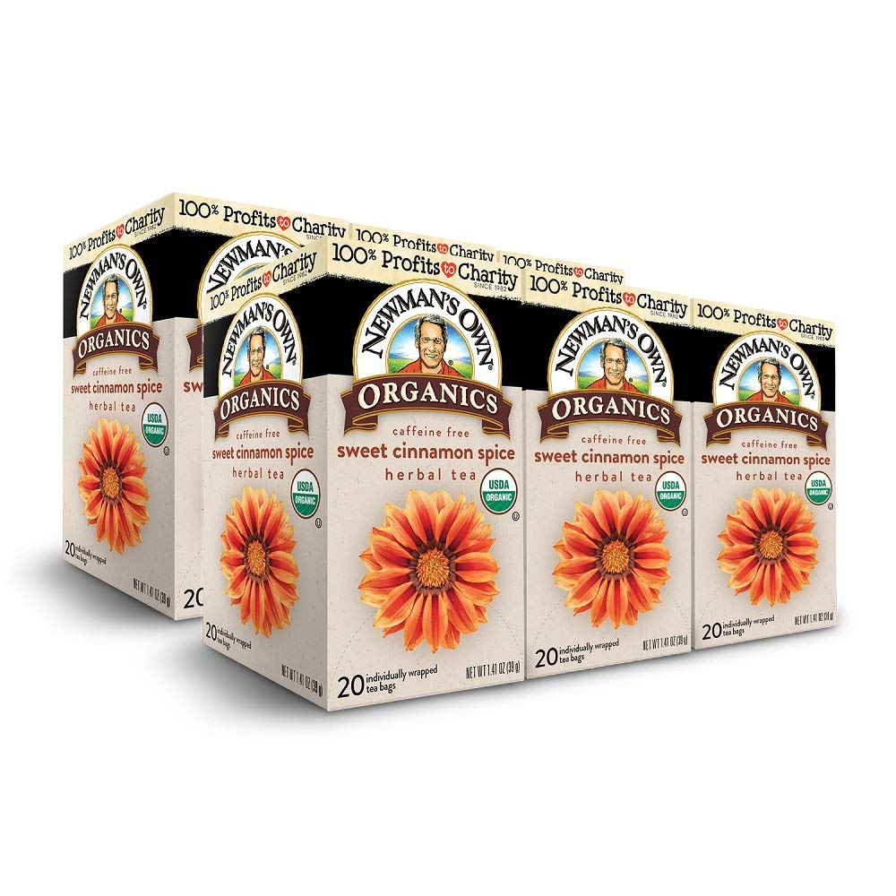 Newman's Own front box showing organic cinnamon spice tea, highlights freshness