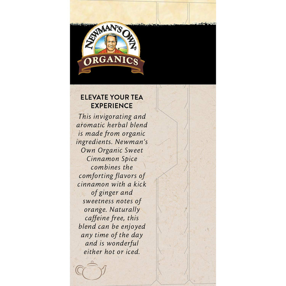 Newman's Own steaming cup of cinnamon spice tea, showcases soothing warmth