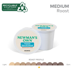 Newman's Own pod inserted in single-serve machine demonstrating fast brewing
