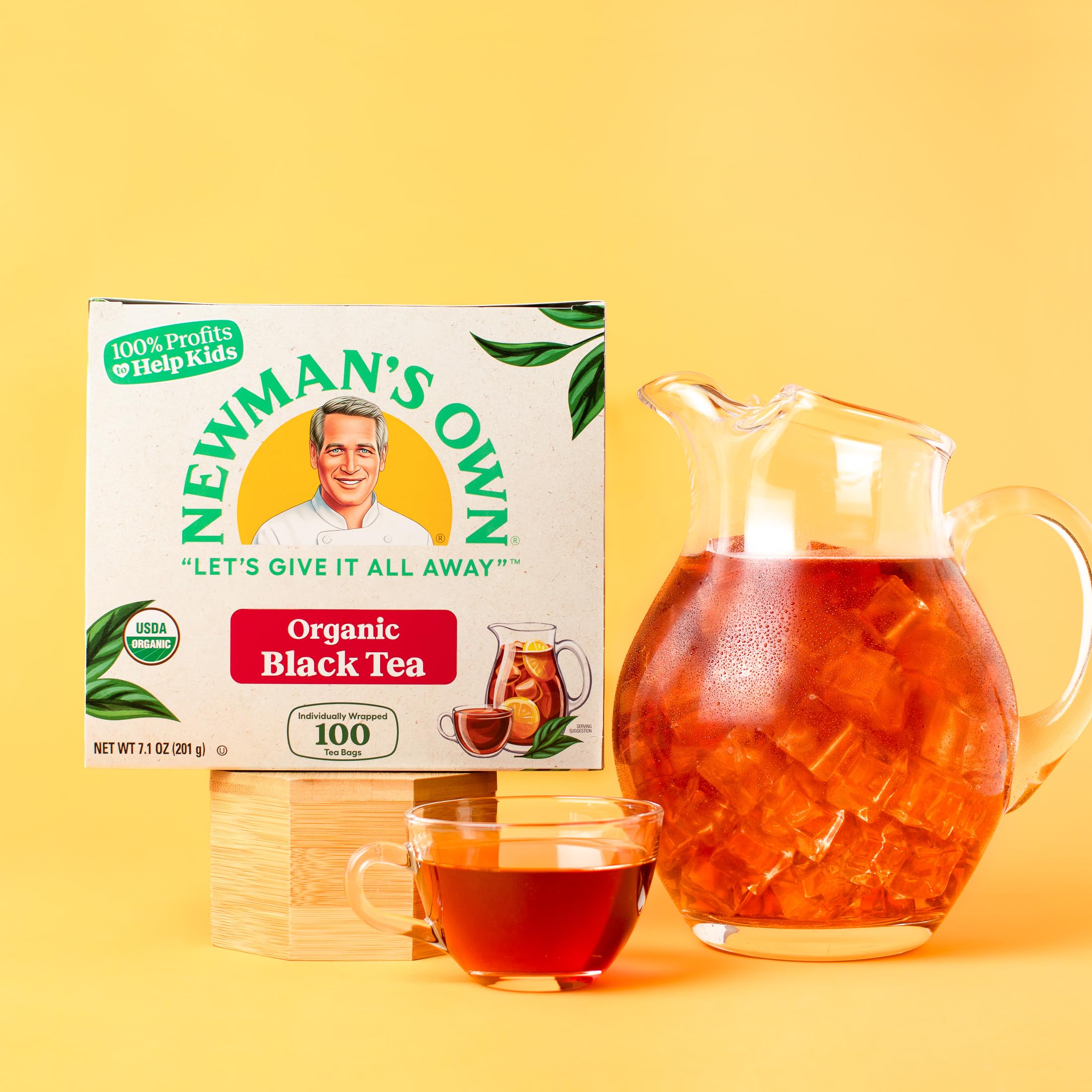 Newman's Own size comparison with 100 tea bags illustrating quantity and value