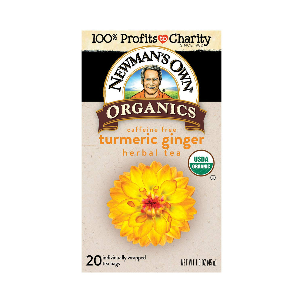 Newman's Own brewed turmeric ginger tea cup showing golden color and warmth
