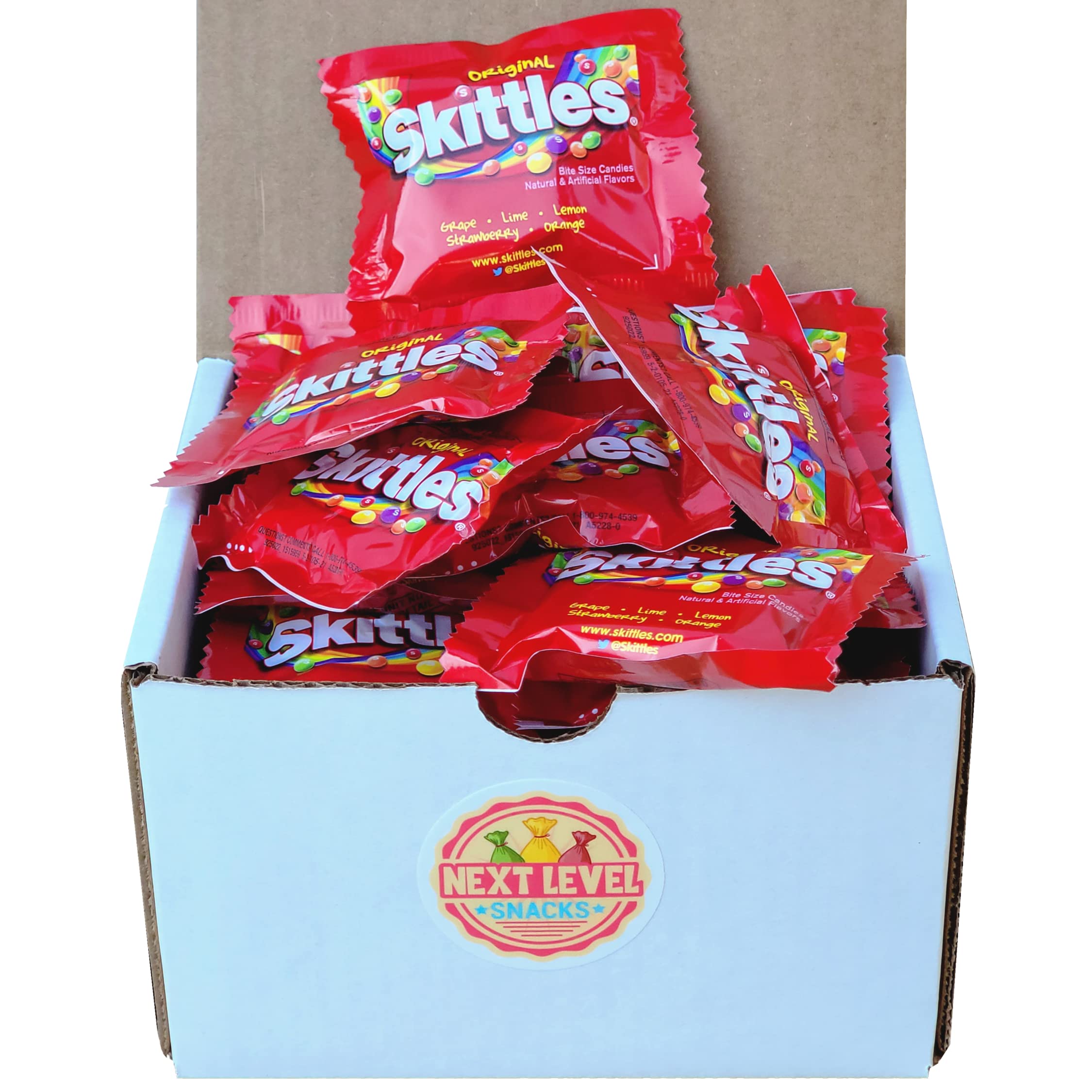 Next Level Snacks Skittles fun-size front packet showing colorful candies and easy shareability