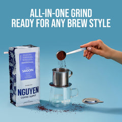 Nguyen Coffee Supply bag with Phin filter setup demonstrating authentic Vietnamese brewing