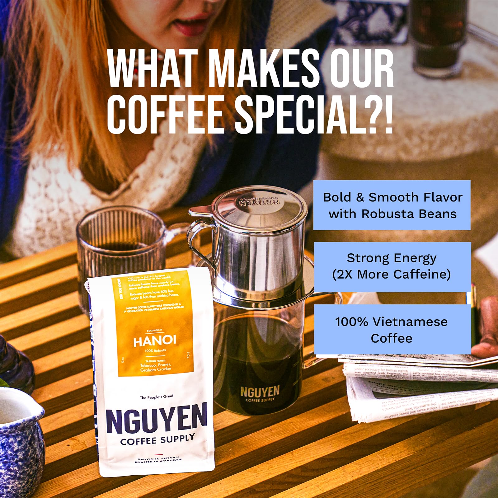 Nguyen Coffee Supply 12 oz bag beside a ruler for size and scale