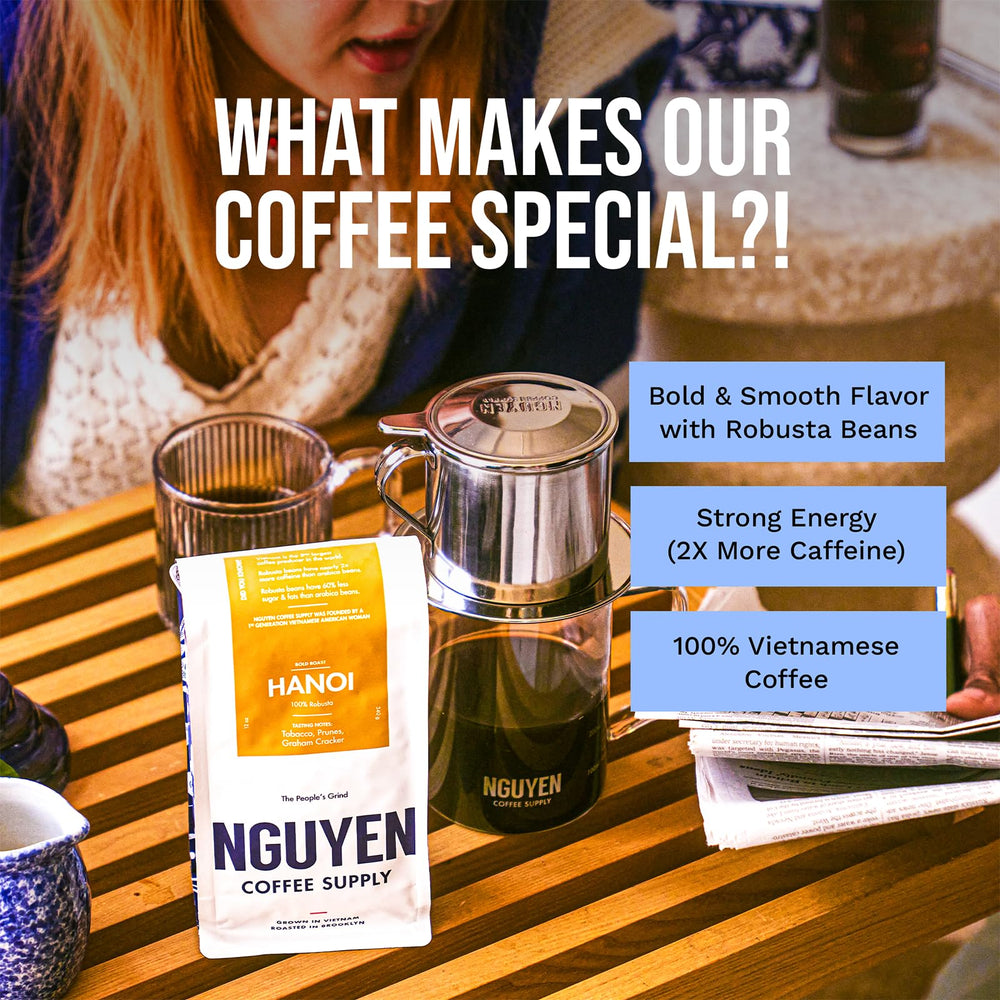 Nguyen Coffee Supply 12 oz bag beside a ruler for size and scale
