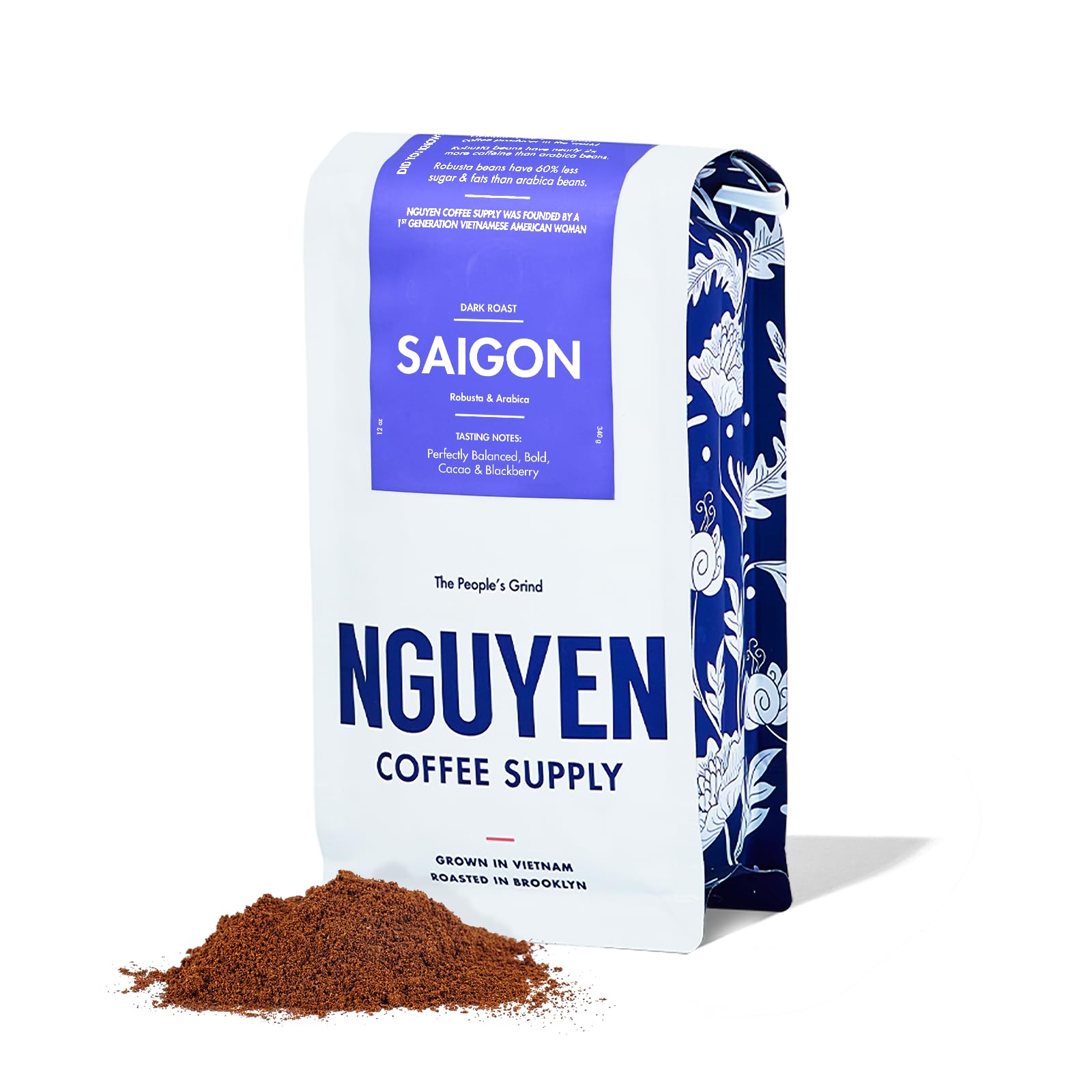 Nguyen Coffee Supply front packaging showing bold dark roast and direct trade benefits